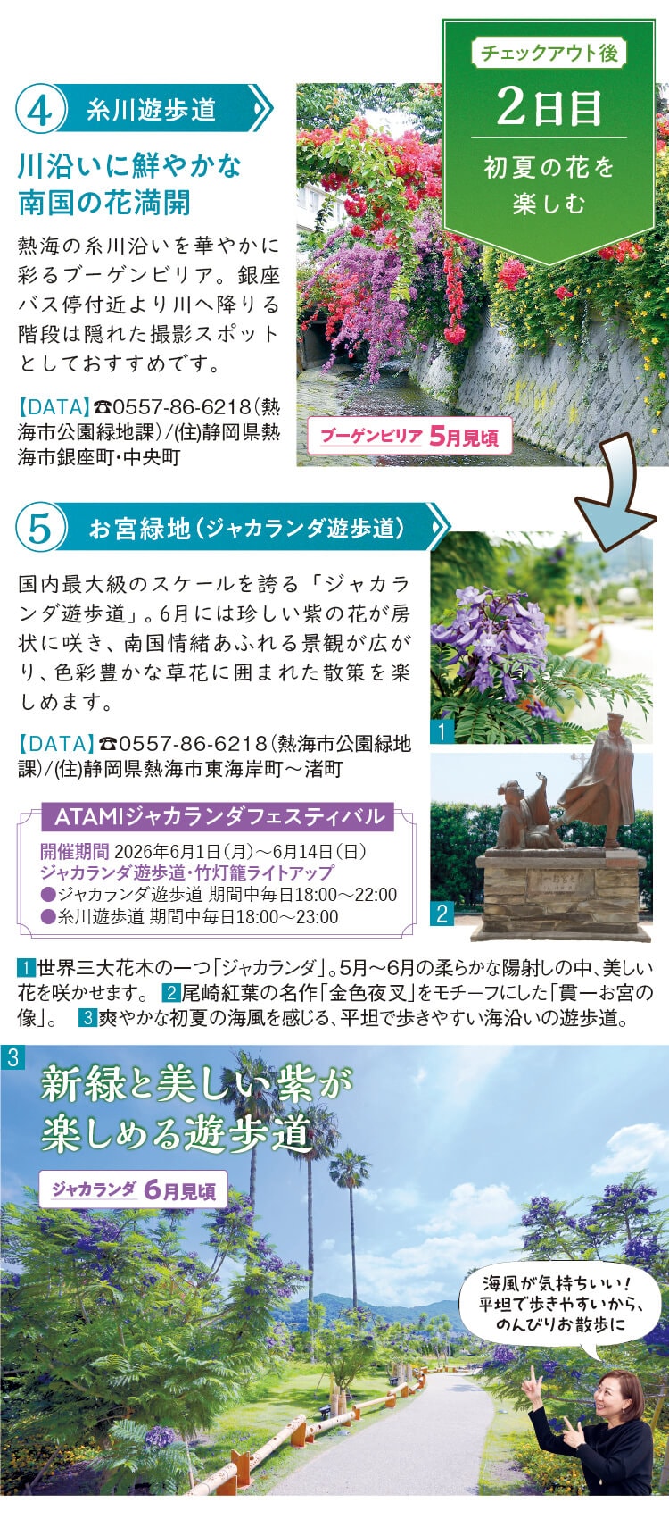 2日目：チェックアウト後に初夏の花を楽しむ 4.糸川遊歩道 5.お宮緑地（ジャカランダ遊歩道）