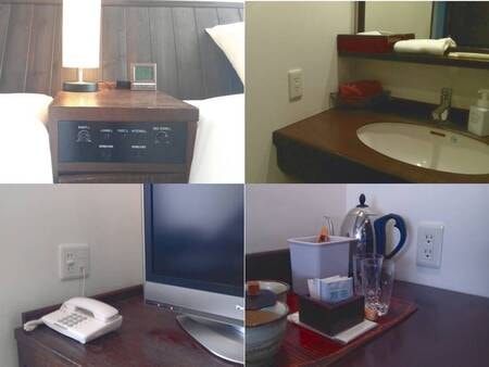 コンセントはベッド周りのほかTVサイド、洗面台、茶器スペースにも設置/例