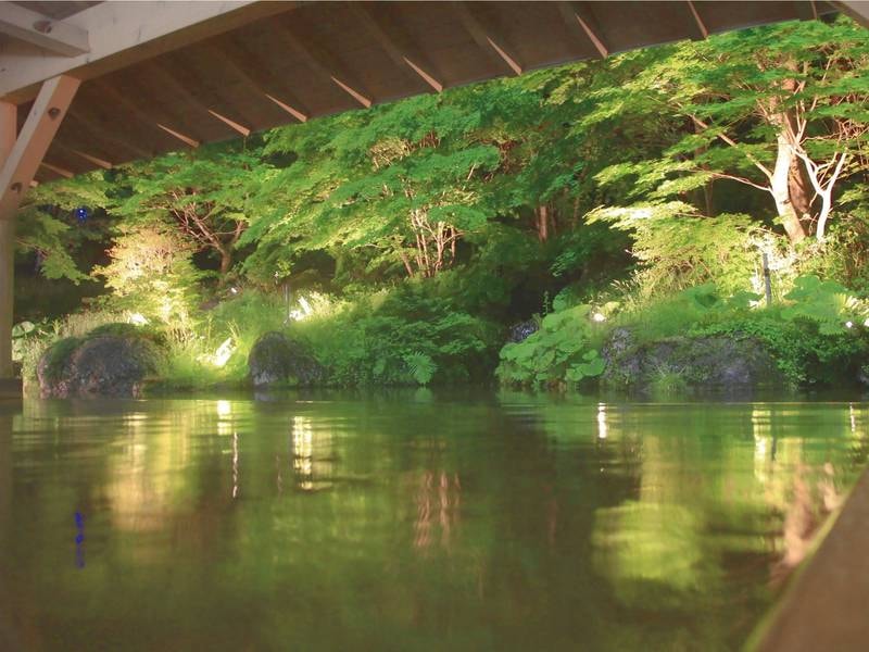 ライトアップされた露天風呂：池泉を眺めながら湯浴み