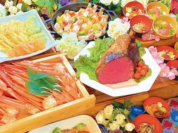 【夕食和洋ブッフェ/写真例】2025年4月5日より「蟹食べ放題」復活!ローストビーフ、盛岡三大麺なども食べ放題です。