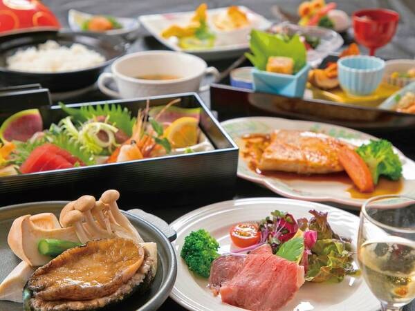【［スタンダード］活あわび踊り焼き海鮮御膳/例】目の前で焼き上げる「活鮑陶板焼き」に柔らかな食感が魅力の「メカジキステーキ」を！