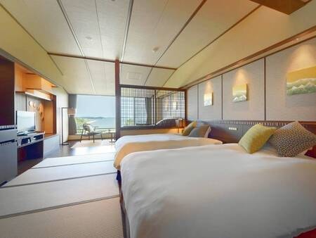 【ビューツインコーナーソファ／RW4.5階/例】7000坪の水上庭園と松島の島々を望む、オーシャンビューのツインルーム