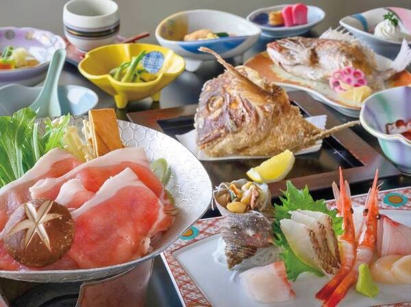 【鯛の兜揚げ付!浜焼きプラン/例】名物浜焼きと鯛の兜揚げが付いた会席料理をご用意!※お品書きは一例、変更の場合あり
