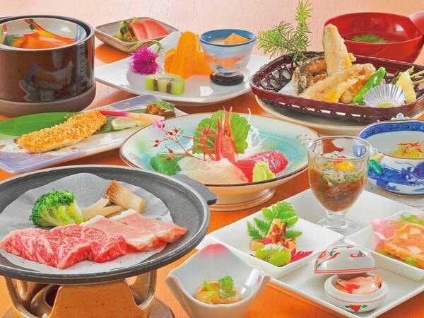 蔵王牛＆庄内豚付き旬彩会席一例　「蔵王牛」「庄内豚」の陶板焼き付き。優しい味と華やかな彩りが人気の旬彩和膳をご用意！