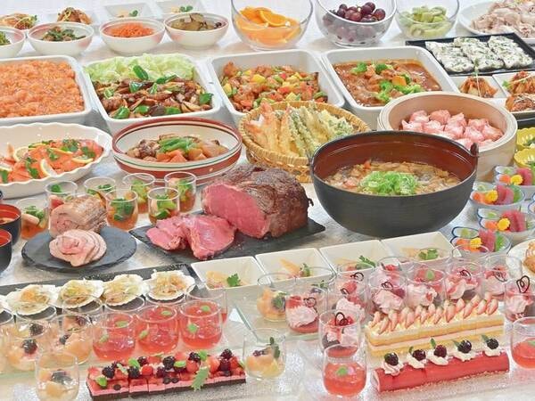 人気の夕朝食バイキングプラン:【バイキング/例】旬の食材から地元の食材、実演コーナーでは出来立て熱々を満喫!季節に合わせたスイーツは宿イチオシ!