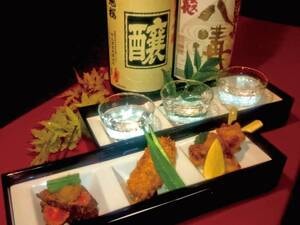奥久慈･袋田などの地酒2種と宿おすすめ1種の合計3種を利き酒！/写真例