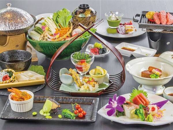 【夕食／例】A5ランクの国産牛付きの和洋折衷会席膳♪四季折々の食材をお楽しみ頂けます