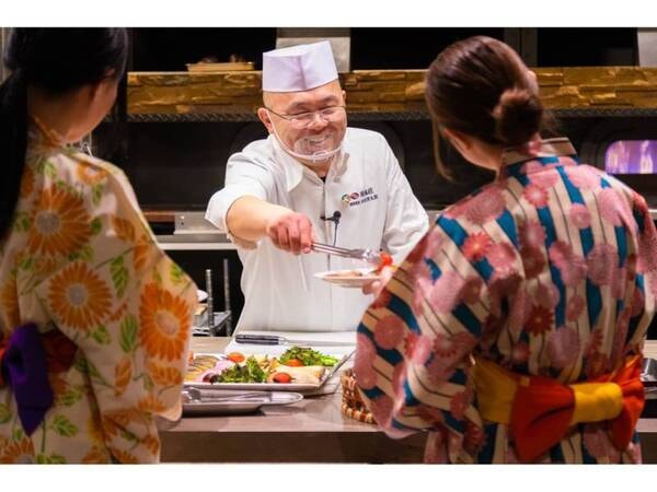 【劇場型ビュッフェ/例】　石窯コーナー福井・あわら産の地場野菜