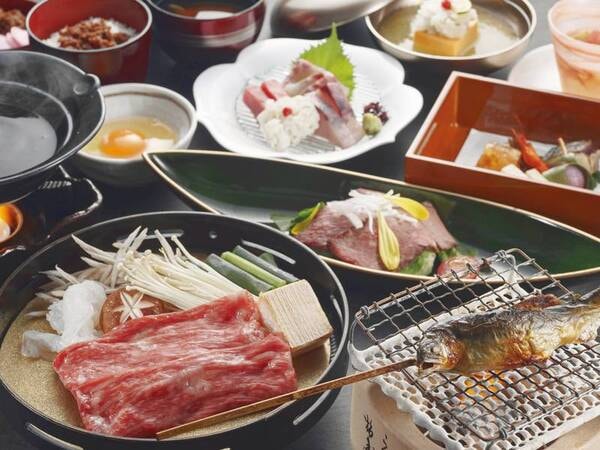 【土地の恵み会席/6月~8月の例】メインの台物は近江牛すき焼き又は近江牛しゃぶしゃぶよりお選びいただけます(写真はすき焼き/例)