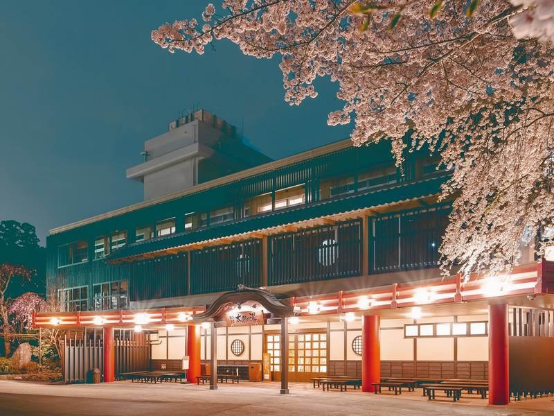 【日帰り入浴施設　太閤の湯】外観の夜桜/例