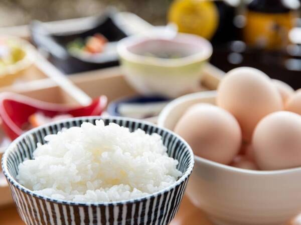 *【朝食】鳥取県の奥日野地方で育ったお米にさくら卵！お腹いっぱいお召し上がりください。