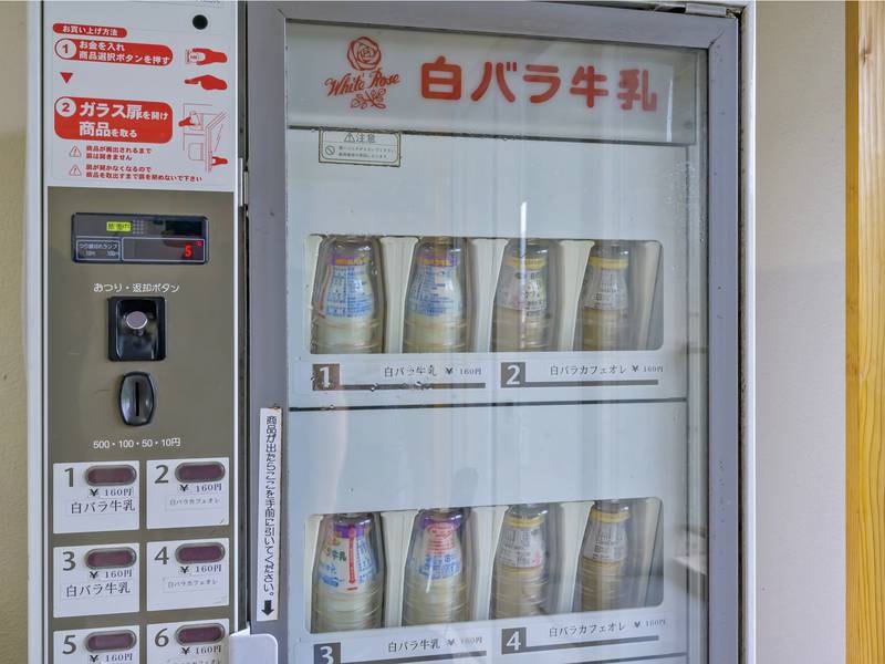 【展望浴場前の休憩所】山陰名物「白バラ牛乳」のレトロ自販機。