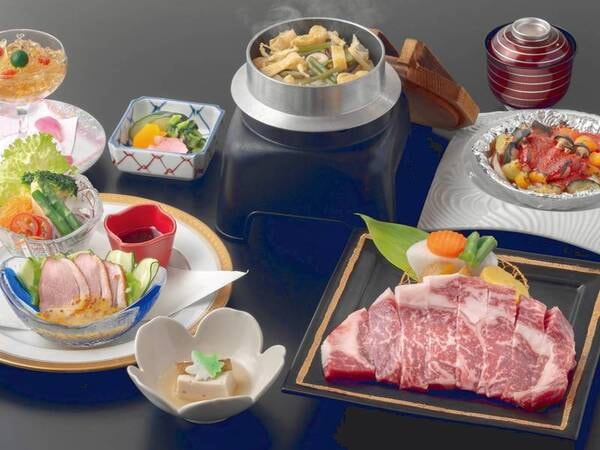 【選べる夕食・:和洋コースを選択した際の写真一例】(※お造りはついていません)牛ロース陶板焼きや、魚料理をご用意