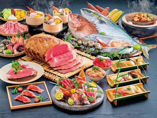 地元の海の幸を惜しみなく使用した寿司、名物地獄蒸し、さらには自家製ローストビーフや大分県産ハーブ鶏を使ったとり天、極楽蒸しプリンなどをご用意（例）