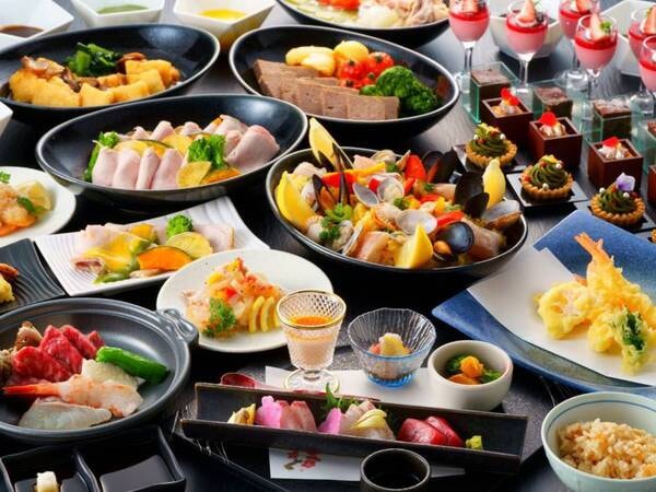 ＜夕食＞和洋折衷ハーフバイキング　前菜・造里・メイン料理等は個別提供【セルフサービス飲み放題付き】（例）

