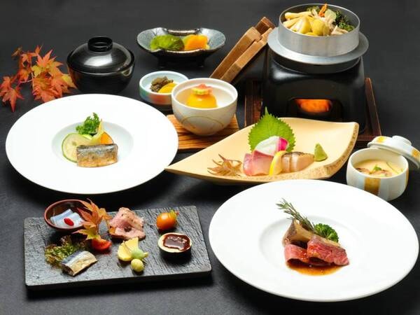 【湯来ロッジおすすめ会席/例】料理長のこだわりの前菜にはじまり、湯来の名産こんにゃくや山女魚など広島の山の幸、海の幸をぞんぶんにご堪能いただく会席メニュー