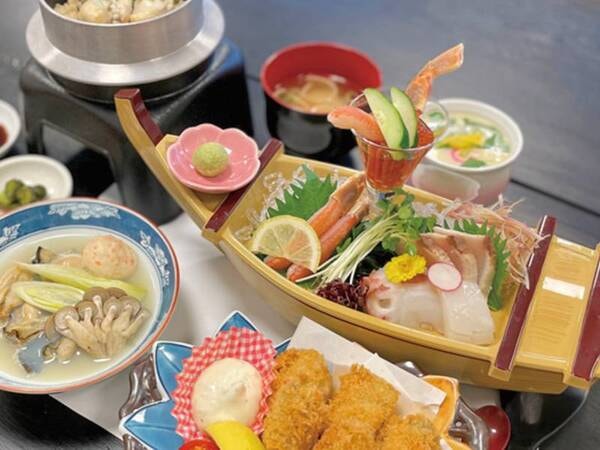 【牡蠣三昧＆ミニ船盛付プラン例】広島産の濃厚な牡蠣料理と、ミニ船盛が付いた贅沢会席♪