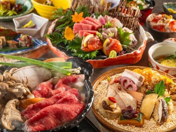 【土地の恵み会席(25年9～11月の一例)】とちぎ和牛きの
こ鍋、焼八寸など栃木の秋を味わう会席