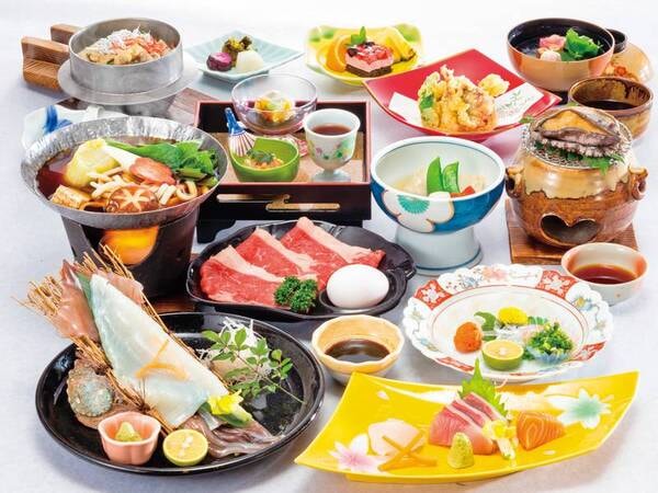 【★贅沢★特選会席/例】◆アワビ踊り焼き(おひとりごとに1個)◆ふぐたたき◆牛すき焼き◆イカ姿造り(お二人で1杯)など、上質な食材を堪能できる会席