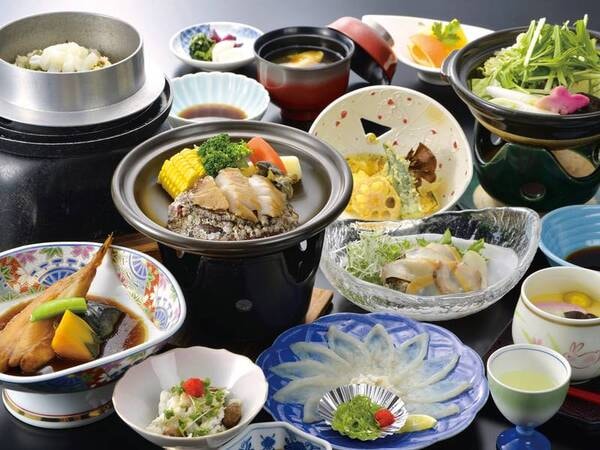 【ふく・あわびの2大味覚会席/例】ふく刺身、あわび陶板焼き、あわび天婦羅、あわびしゃぶしゃぶなど、ふく料理2品、あわび料理3品を含む会席