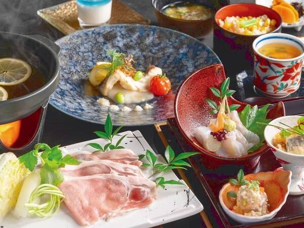 【季節の会席/6月~8月の例】◆鹿野高原豚しゃぶしゃぶ◆白身魚の蒸し焼き せとうち塩檸檬ソース◆三種盛り-せとうち光の割り醤油で-◆とうもろこし炊き込みご飯 等