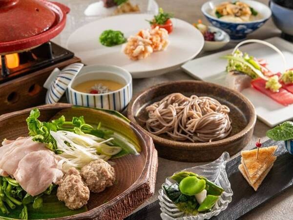 季節の会席/8月までの一例】青梅ポーク(バラ肉と塩麹つみれ)はまぐりだし鍋・お造り盛・野菜おかき揚げ・深川めし・茶碗蒸し 等
