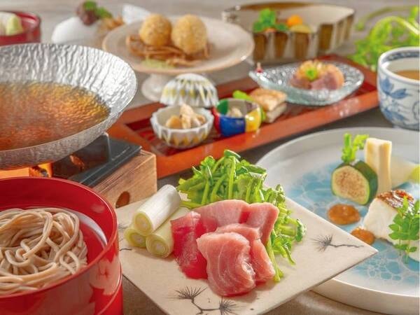 【土地の恵み会席/25年8月までの例】桜鯛山椒味噌焼き・ねぎま鍋・お造り盛・蕎麦食べ比べ 等