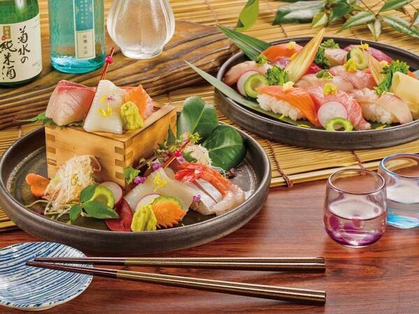 【ビュッフェ/写真例】旬の「お造り」と「お寿司」（※仕入れ状況や提供時間・料理内容は変更の場合あり）
