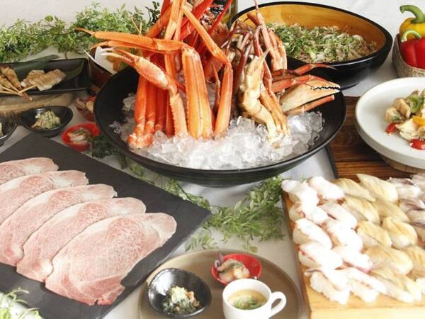 【夕食料理/例】26年3月～5月は国産牛焼きしゃぶもビュッフェで食べ放題。他にもカニや握り寿司、博多焼き鳥までご用意！