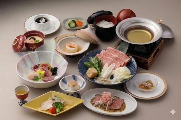 【夕食/例】豊後牛付の和洋折衷会席。嬉しい飲み放題付！