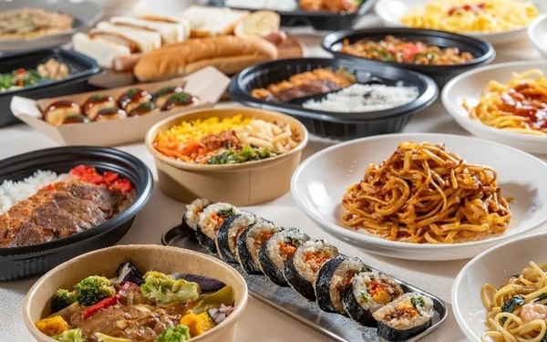 本格冷凍弁当（和洋中6種）をはじめ、パン、サンドウィッチ、スープ類を販売。さらに、多彩な冷凍食品、おつまみ、お土産まで豊富に取り揃えております（例）