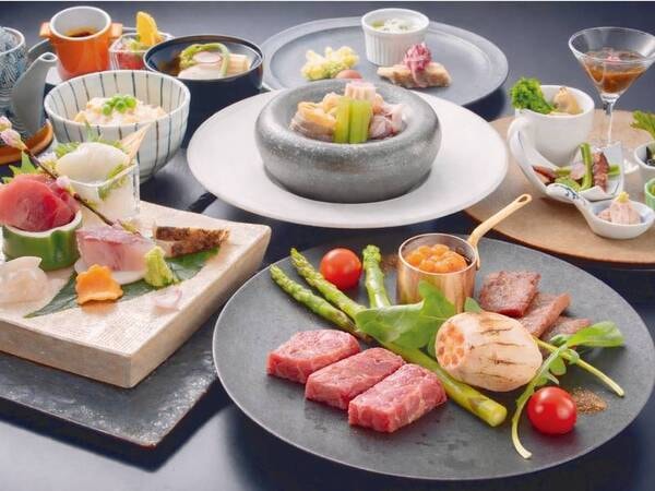 メインをブランド牛orあわび陶板焼きから選択可能！　プレミアム会席/例