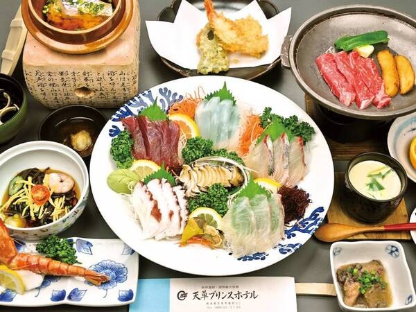 【夕食】あわび(2名で1個)などお造り1組様大皿盛、天草和牛陶板焼き等/例