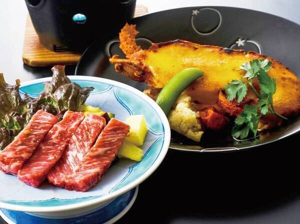 【夕食/メイン一例】あか牛ステーキ＆イセエビ黄金焼
