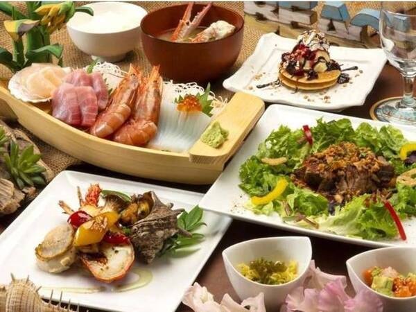【夕食/一例】当館のスタンダードお夕食メニュー。海鮮とお肉料理をお楽しみ頂けます。(舟盛は2名様から)