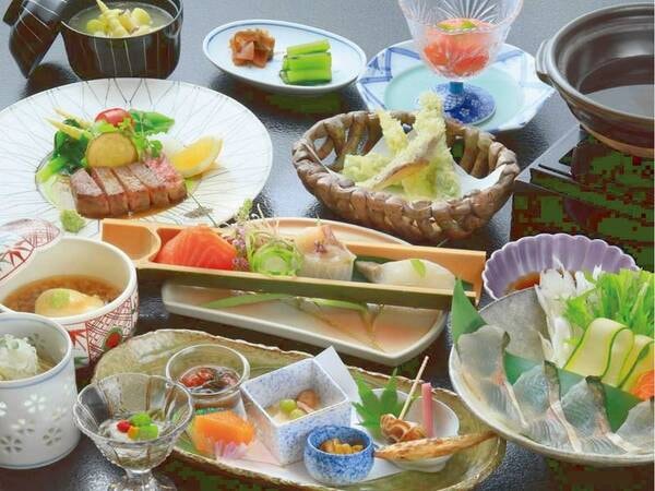 ［贅沢］大岩魚のしゃぶしゃぶと信州牛ステーキの自家製リンゴソース添え/例
