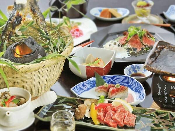 【信州牛石焼き会席/例】メインの新種牛石焼きに加え、川魚塩焼き･飯田鯉の甘露煮･信州蕎麦等も堪能できる。