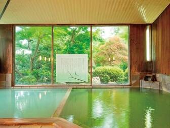 一水荘/二層に分かれた浴槽に緑湯が注ぎ、2色の異なる湯温の湯浴みが楽しめる