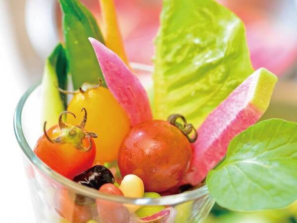 【夕食/例】北海道上川地方の契約農家より届く、選りすぐりの野菜も並ぶ