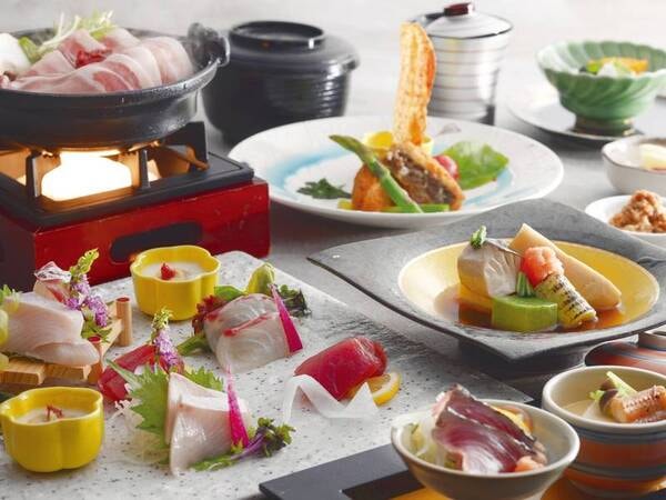 【季節の会席/3~5月一例】紀州名物初鰹のタタキ・熊野牛ミンスミートカツ・薩摩錦ぽーくの梅香る鍋等/お造りは2名盛/例