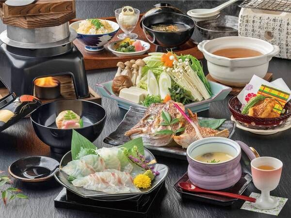 鯛づくしの豪華プラン。刺身、焼き鯛、鯛茶漬けなど、多彩な鯛料理が彩る贅沢なひととき(例)